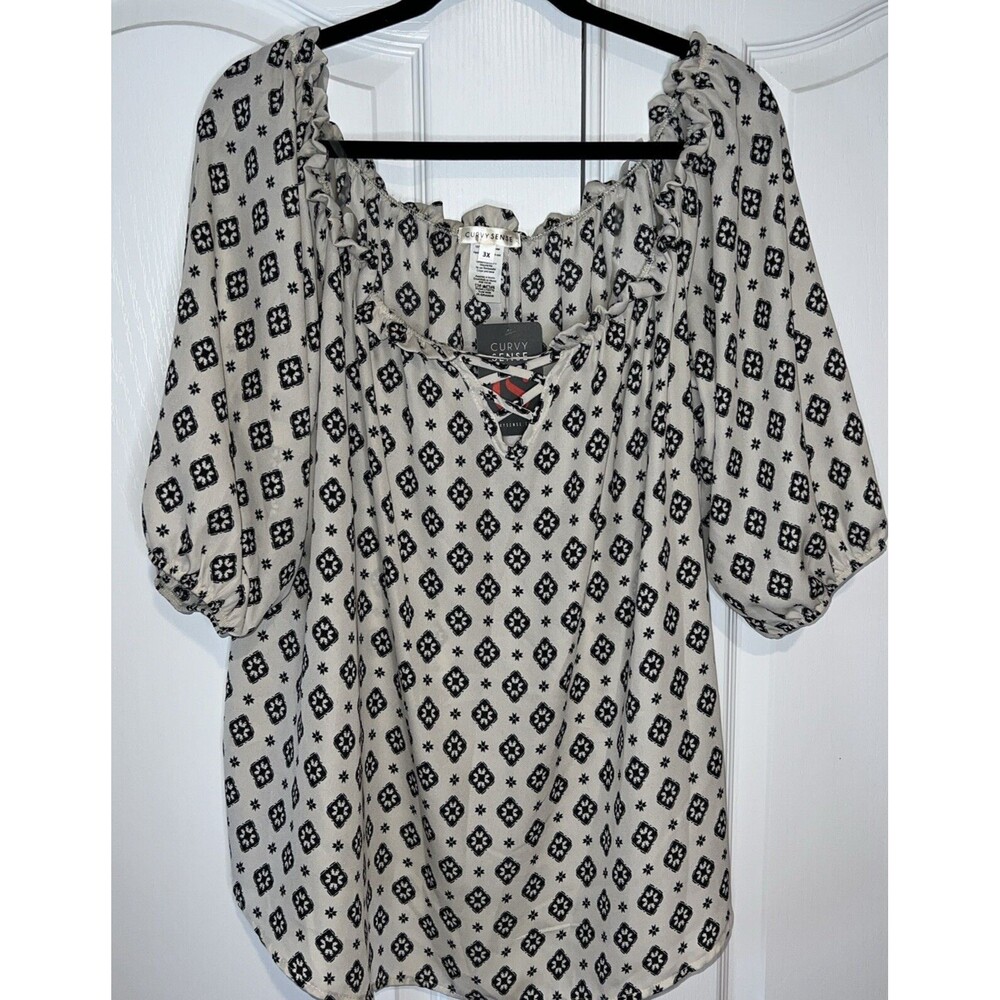 Curvy Sense Womens Blouse Top Plus 3X Short Sleeve Ivory Black Pattern Ruffle